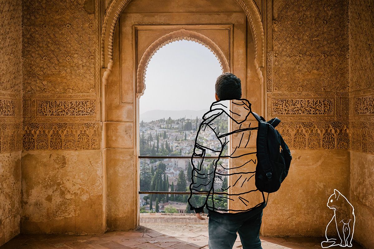 Outline of Man in Old Structure With Outline of Cat in Corner